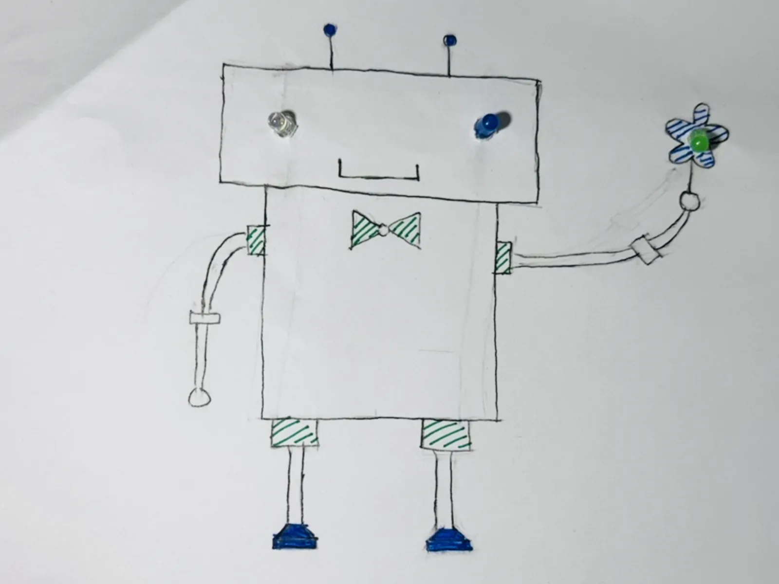 A hand-drawn robot whose eyes and flower are lit by three LEDs